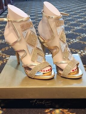 Thalia Sodi Gold Mesh Rhinestone High-Heel Sandals